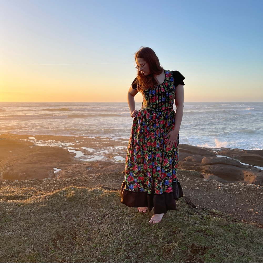 Handmade Gunne Sax Style Vintage Upcycle Homespun Gown Black Floral Print Velvet - Picture 3 of 9
